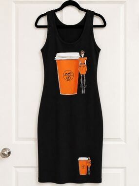 Black Midi Tank Dress with Orange Coffee Cup Graphic